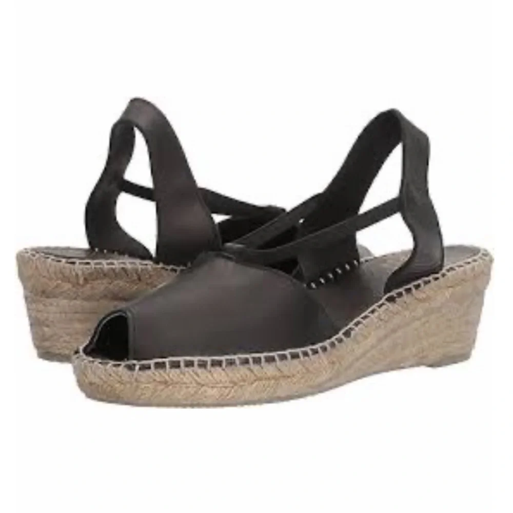 ANDRE ASSOUS Spain Leather Sling Back Peep Toe Wedge Espadrilles Sandal Black 10